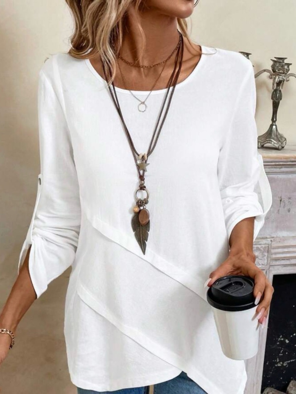Multiples White Asymmetric Layered Long Sleeve Blouse